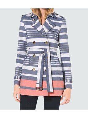 Michael Kors Womens Striped Double-Breasted Trench Coat XS Navy White Coral
